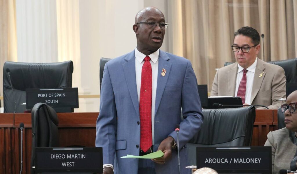 The Prime Minister responds to questions in Parliament on November 18 about a special police task force vetted by the US Drug Enforcement Administration (DEA) to fight organised crime.  - Photo courtesy Office of the Parliament 