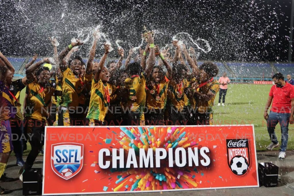 St Benedict's College players celebrate after winning the Coca-Cola South Zone Boys Intercol final at Ato Boldon Stadium in Couva on November 22. - Photo by Ayanna Kinsale