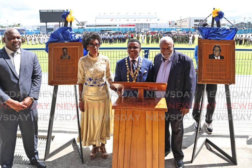 Former culture minister Joan Yuille-Williams, second from left, and former national cyclist Ian Atherly, right, were honoured by San Fernando Mayor Robert Parris, centre, during celebrations in commemoration of San Fernando's 36th anniversary as a city. Looking on is Brian Manning, MP for San Fernando West. - Photo by Lincoln Holder. 