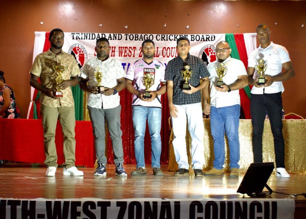 TTCB's South West Zonal Council Cricketers of the Year 2024, from left, Anton Farrell, Gavri Bhukhal, N. Boodoo (received for Varun Sawh), Sanjay Ramdhanie, Videsh Oudit and Arnold Seales.  - 