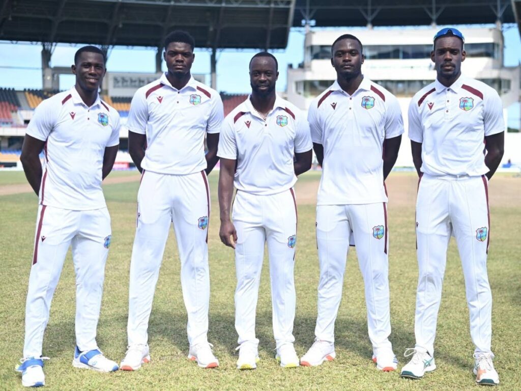 From left, West Indies players Shamar Joseph, Alzarri Joseph, Kemar Roach, Jayden Seales and Justin Greaves. - Photo courtesy Windies Cricket