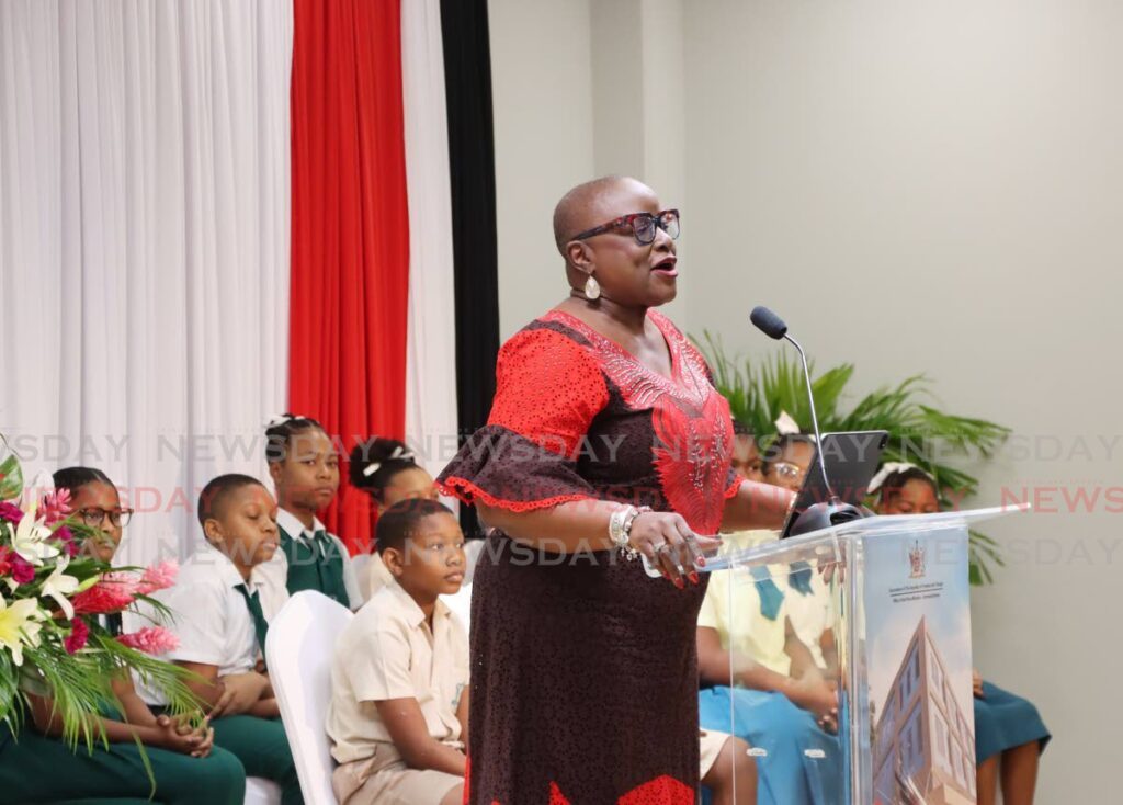 Housing Minister Camille Robinson-Regis speaks during the opening ceremony for the La Horquetta Public Library at Slinger Francisco Boulevard, La Horquetta on November 26. - Photo by Ayanna Kinsale