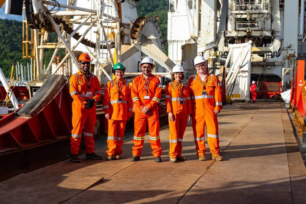 From left, Vincent Ramesar bpTT subsea construction lead, Irma Ibarra bpTT vice president finance and gas growth, Energy Minister Stuart Young, Giselle Thompson bpTT vice president communications and external affairs  and Paul Stern bpTT projects general manager on-board the Seven Seas vessel. - 