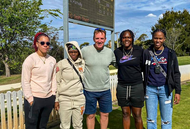 West Indies Women's assistant head coach Damien Wright with players from left, Cherry-Ann Fraser, ​ ​ Jannillea Glasgow, Shawnisha Hector and Kate Wilmott. - CWI Media