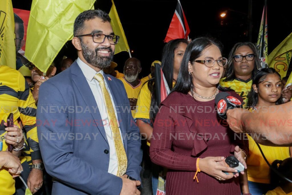 San Juan/Barataria MP Saddam Hosein and Chaguanas East MP Vandana Mohit speak to reporters at a UNC general election screening exercise at the party's headquarters in Chaguanas on November 29, 2024. PHOTO BY GREVIC ALVARADO -