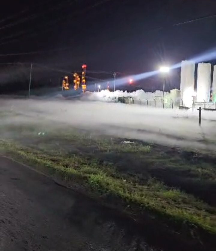 A screenshot from a video shared on social media showing a white cloud of fumes being released from the plant.