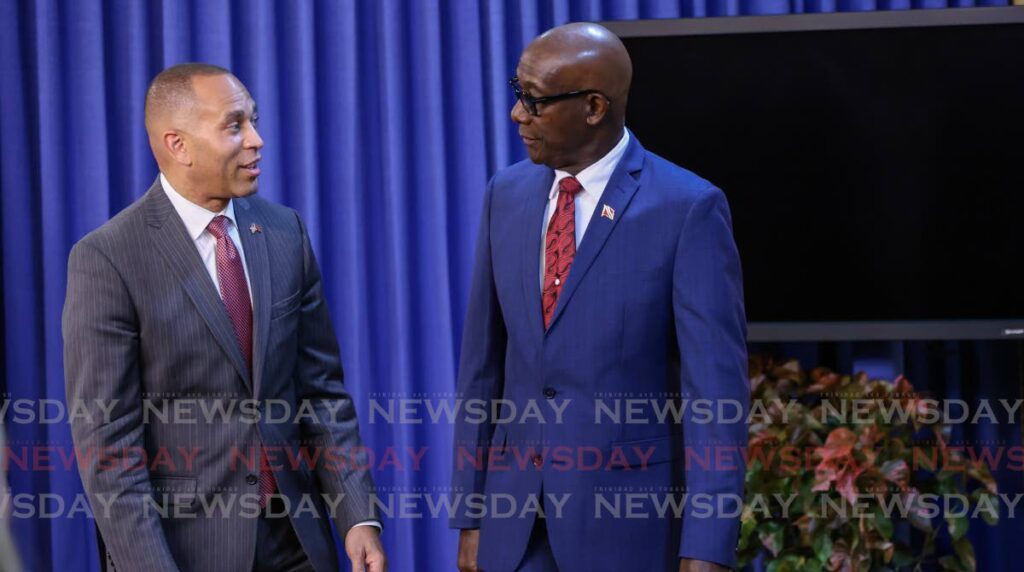 US Congressman Hakeem Jeffries with the Prime Minister at the Diplomatic Centre, St Ann's, in July, 2023. - File photo by Jeff K Mayers