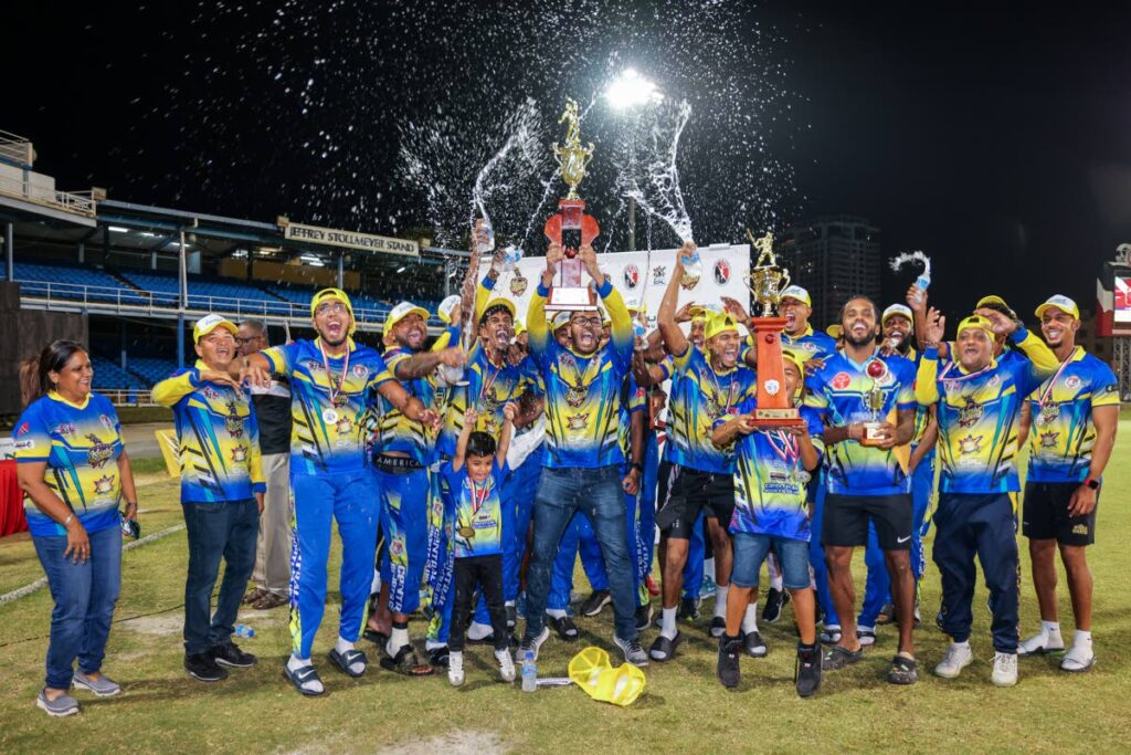 In this file photo, Central Sports celebrate retaining the TKR/TTCB T20 Festival crown after winning the final on May 4 at Queen’s Park Oval, St Clair. - Photo by Daniel Prentice 