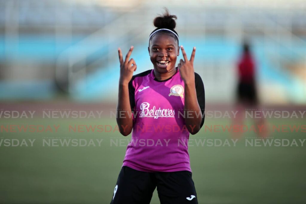 Pleasantville Secondary School player and top scorer in the South Zone Girls Intercol finals Nikita Gosine celebrates after defeating Moruga Secondary at the Ato Boldon Stadium on November 22. Pleasantville won 17-0. - Photo by LIncoln Holder 