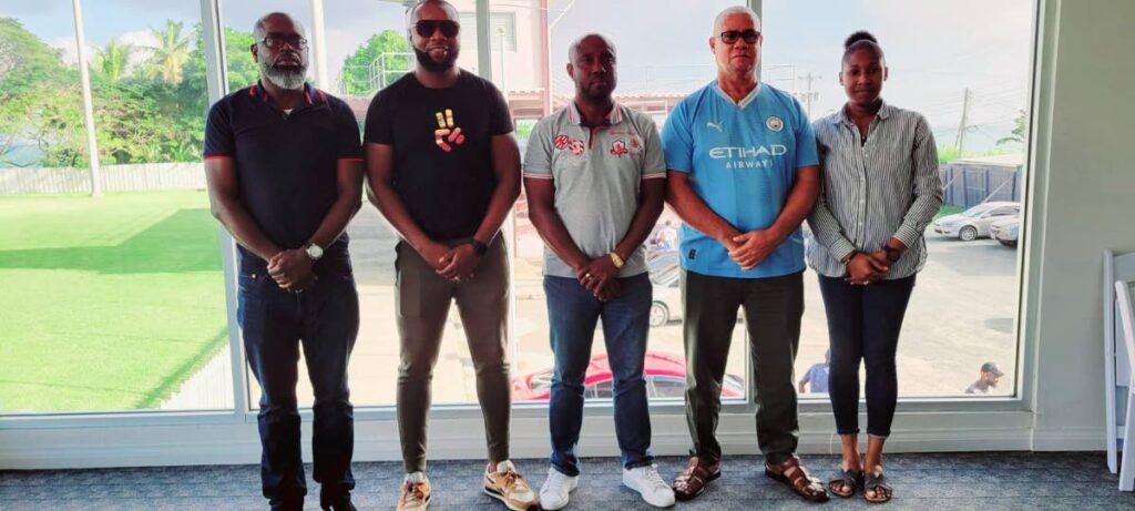 From left, New Tobago Cricket Association executive Linclon Nelson (treasurer), Marcus Daniel (first vice-president), Kerwin John (president), Oscar Orr (second vice-president) and Tandeka Moses (secretary). - Photo courtesy Tobago Cricket Association