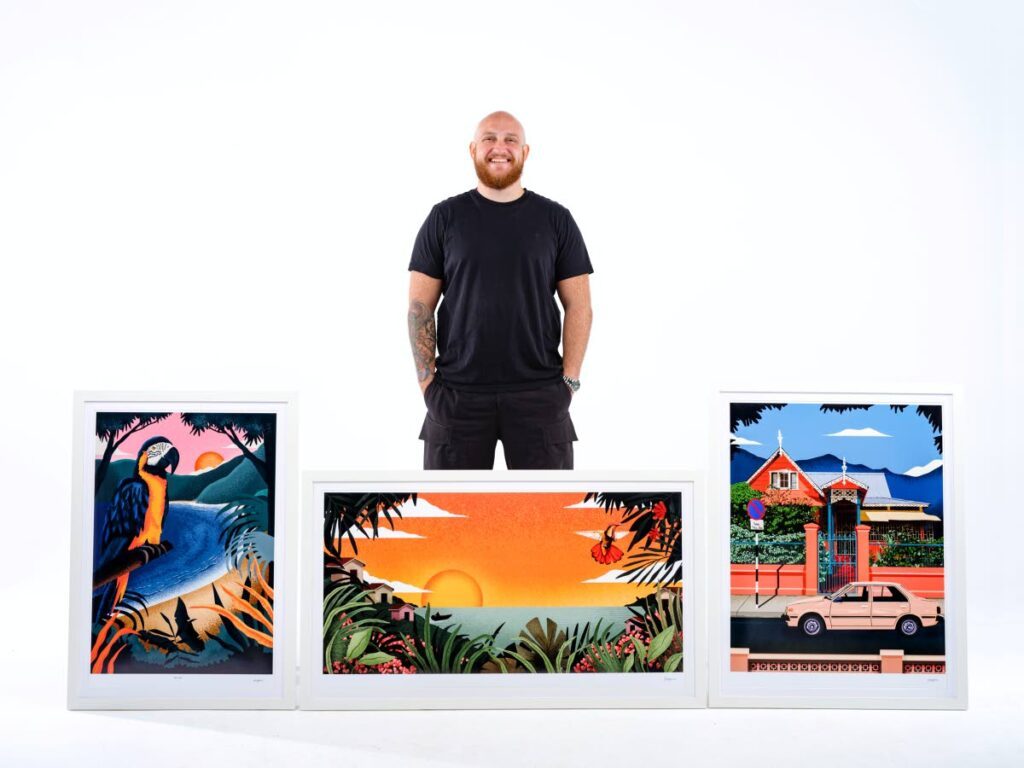 Artist Nicholas Huggins poses with his pieces (from left) Bay View, High Hope, and Sunny.  - - Photo courtesy Jason Audain