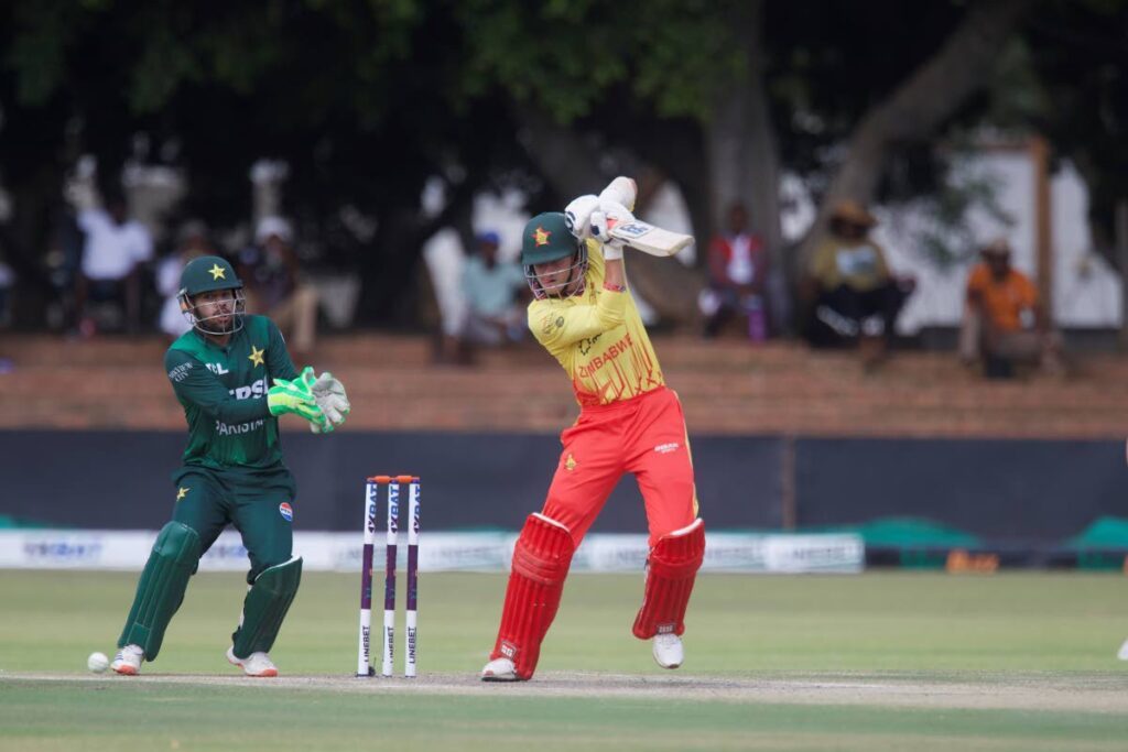 Zimbabwe's Brian Bennett at the wicket during the third T20 cricket match between Zimbabwe and Pakistan at Queens Sports Club in Bulawayo, Zimbabwe, Thursday, Dec. 5, 2024. (AP Photo/Wonder Mashura) - Wonder Mashura