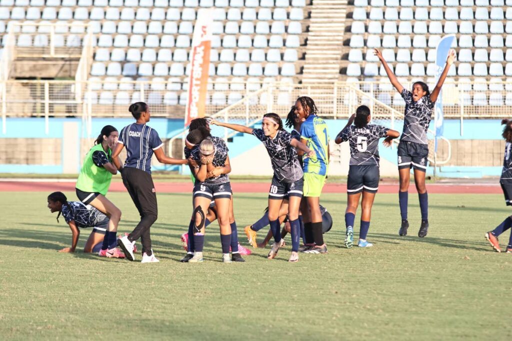 St Joseph's Convent Port of Spain players celebrate after beating Pleasantville Secondary 5-3 via penalties, during the Secondary Schools Football League Coca-Cola girls' intercol final, on December 5, 2024, at the Ato Boldon Stadium, Couva. - Photo by Lincoln Holder