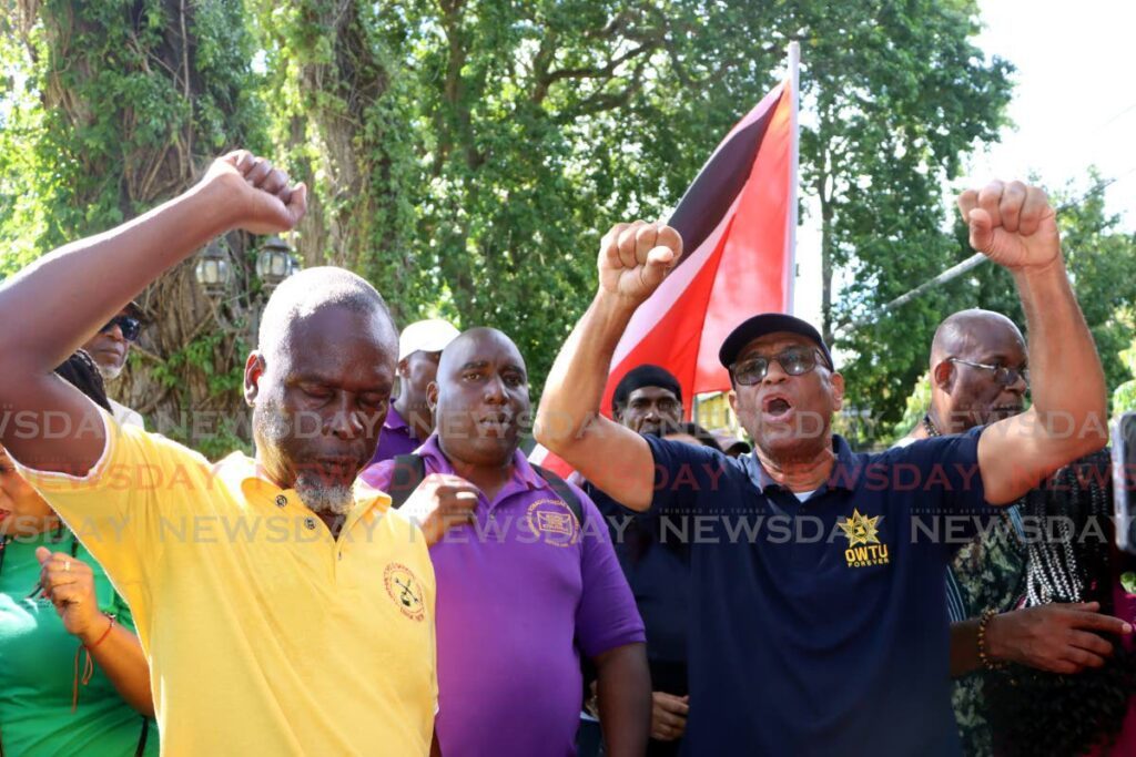 Oilfields Workers Trade Union president general Ancel Roget speaks to supporters, members of several other trade unions, political parties and social activists, after delivering a letter at the Prime Minister's St Ann's residence on December 7.  - File photo by Angelo Marcelle