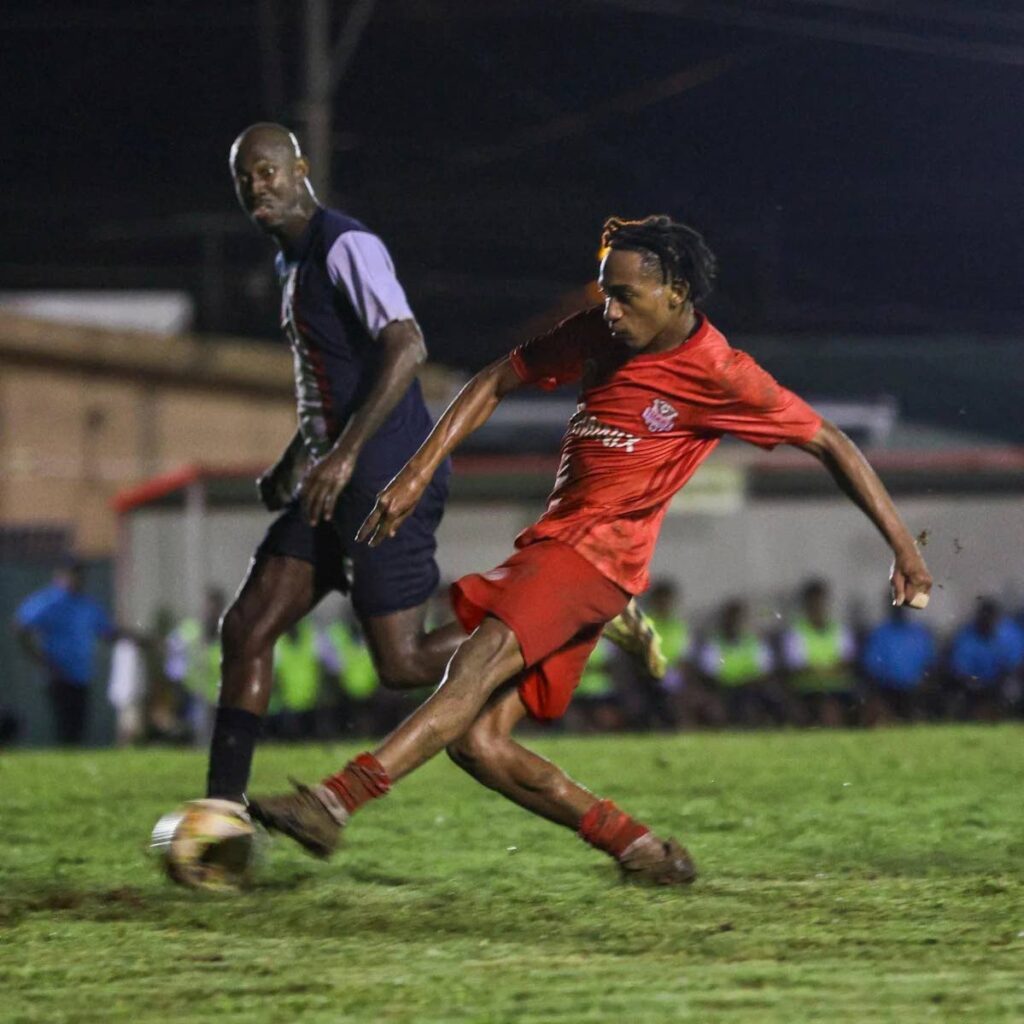 La Horquetta Rangers' Josiah Edwards shoots to score against Caledonia AIA during their Trinidad and Tobago Premier Football League match, on December 6, at the La Horquetta Recreation Grounds. - Photo courtesy TTPFL