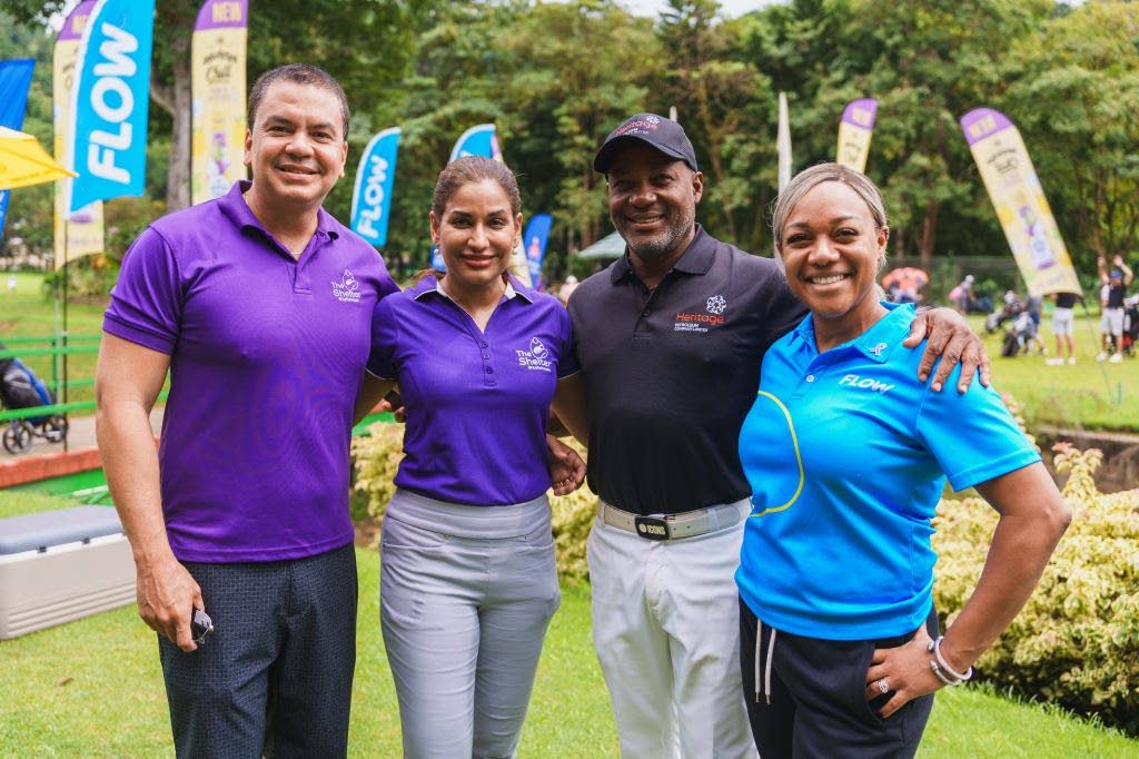 From left, Colin Mitchell – chairman of The Shelter for Battered Women and Children; Dr Maryam Abdool-Richards – board member of The Shelter; West Indies cricket legend Brian Lara; and Simone Martin-Sulgan – Flow’s vice president and general manager at the eighth Annual Charity Golf Tournament at St Andrew's Golf Course, Moka, Maraval on November 25. - Photo courtesy Flow