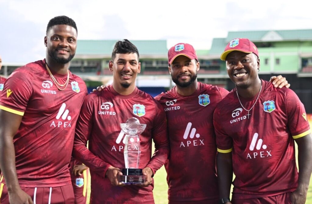 (L-R): The West Indies quartet of Romario Shepherd, Gudakesh Motie, captain Shai Hope and Sherfane Rutherford celebrate after winning the third ODI against Bangladesh and clinching the series 3-0, at Warner Park in Basseterre, St Kitts on December 12, 2024. - 