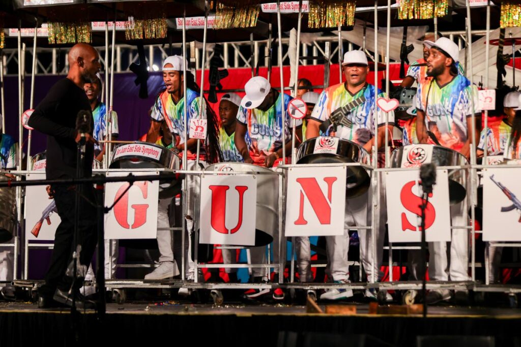 Performing in position 25, San Juan East Side Symphony Steel Orchestra plays Guns, sung by Spice and Company, during the National Single Pan Band Finals at the Queen's Park Savannah, Port of Spain, on December 15. - DANIEL PRENTICE