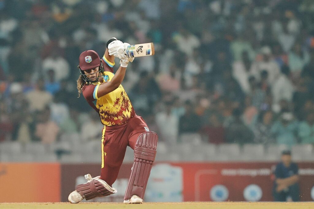 West Indies women's captain Hayley Matthews drives during the second T20 against India at the Dr DY Patil Stadium in Navi Mumbai on December 17. Photo courtesy BCCI. 