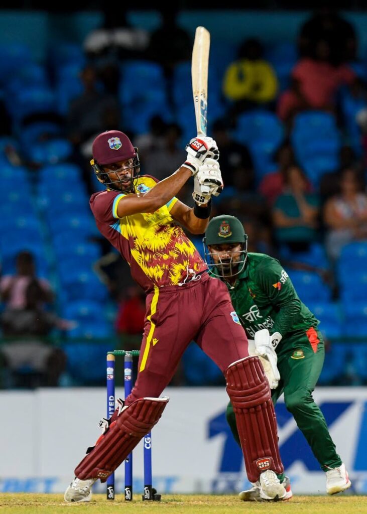 West Indies’ Roston Chase plays an attacking shot during the second T20 against Bangladesh at the Arnos Vale Stadium, St Vincent and the Grenadines on December 17.  - 