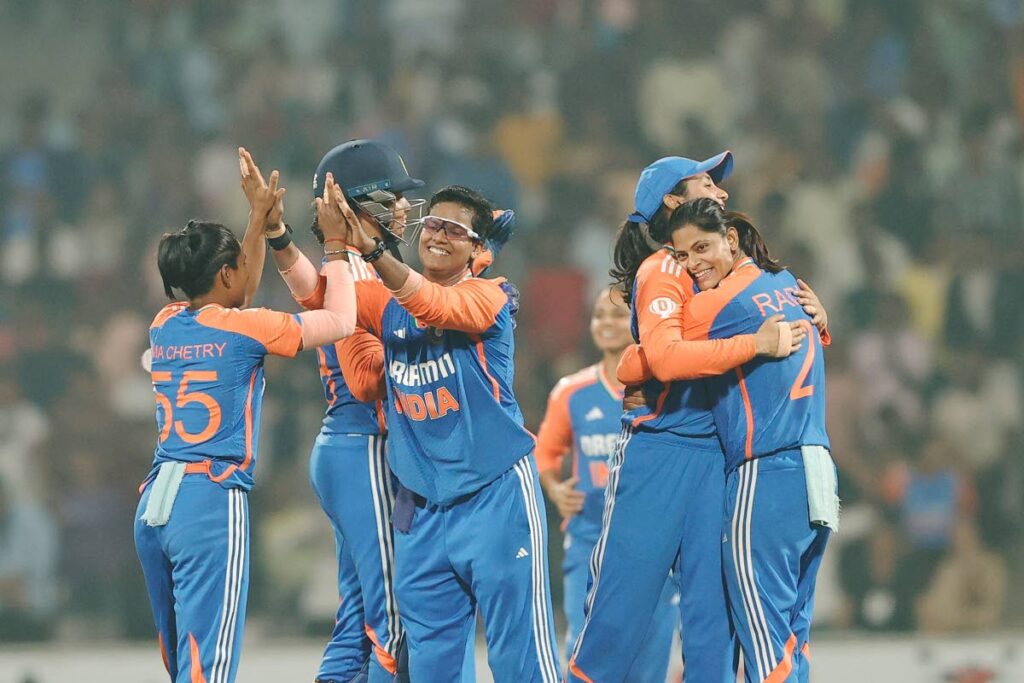 Deepti Sharma, centre, of India celebrates taking the the wicket of Shemaine Campbelle of West Indies during the 3rd T20 International held at the DY Patil Stadium, Navi Mumbai, India on December 19. - Photo courtesy BCCI