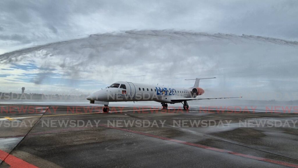 Inaugural LIAT20 flight greeted by a water cannon salute on December 19 - Paula Lindo