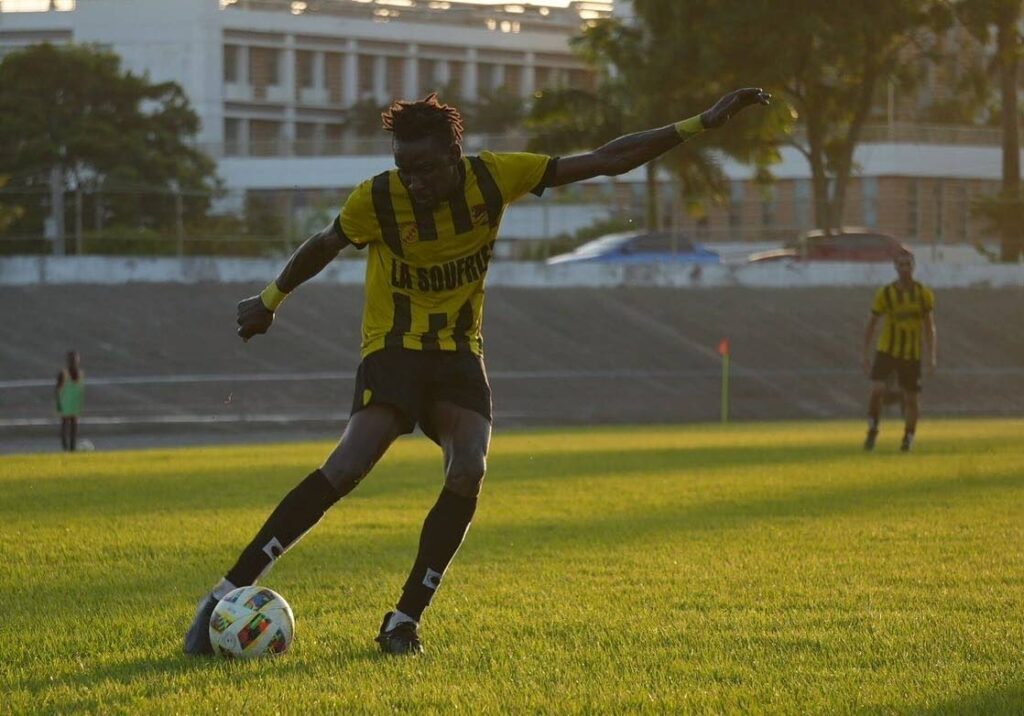 Central FC striker Kadeem Corbin takes a shot on goal during his team's 2-0 win over Caledonia AIA at the Arima Velodrome on December 21. - Photo courtesy TTPFL