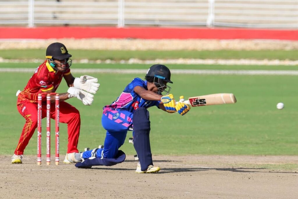 Anderson Mahase plays a shot on the off side for the Blue Devils during the Trinidad T10 Blast held recently. PHOTOS BY DANIEL PRENTICE  - DANIEL PRENTICE