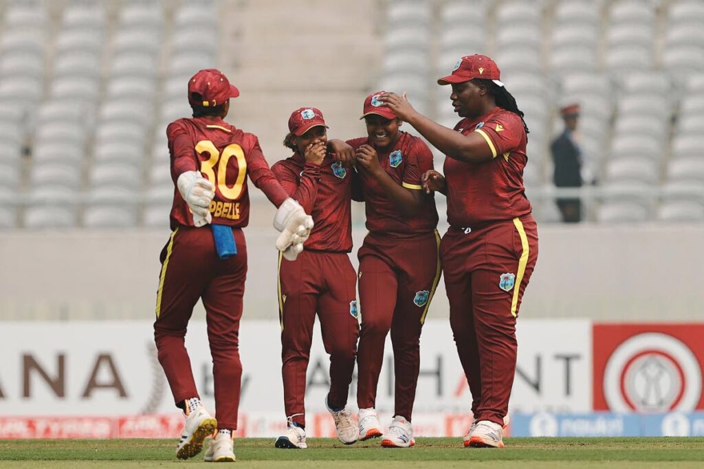 West Indies women celebrate the fall of a wicket during the third One-Day International against India at the Kotambi International Cricket Stadium in Vadodara on December 27. - Photo courtesy BCCI