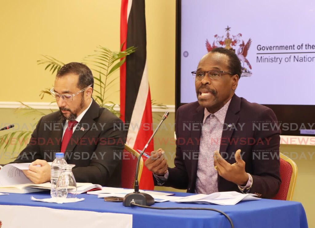 National Security Minister Fitzgerald Hinds and acting Attorney General Stuart Young at a press conference at the Ministry of National Security, Abercromby Street, Port of Spain, to explain the circumstances which led to government declaring a state of emergency on December 30.  - Photo by Ayanna Kinsale