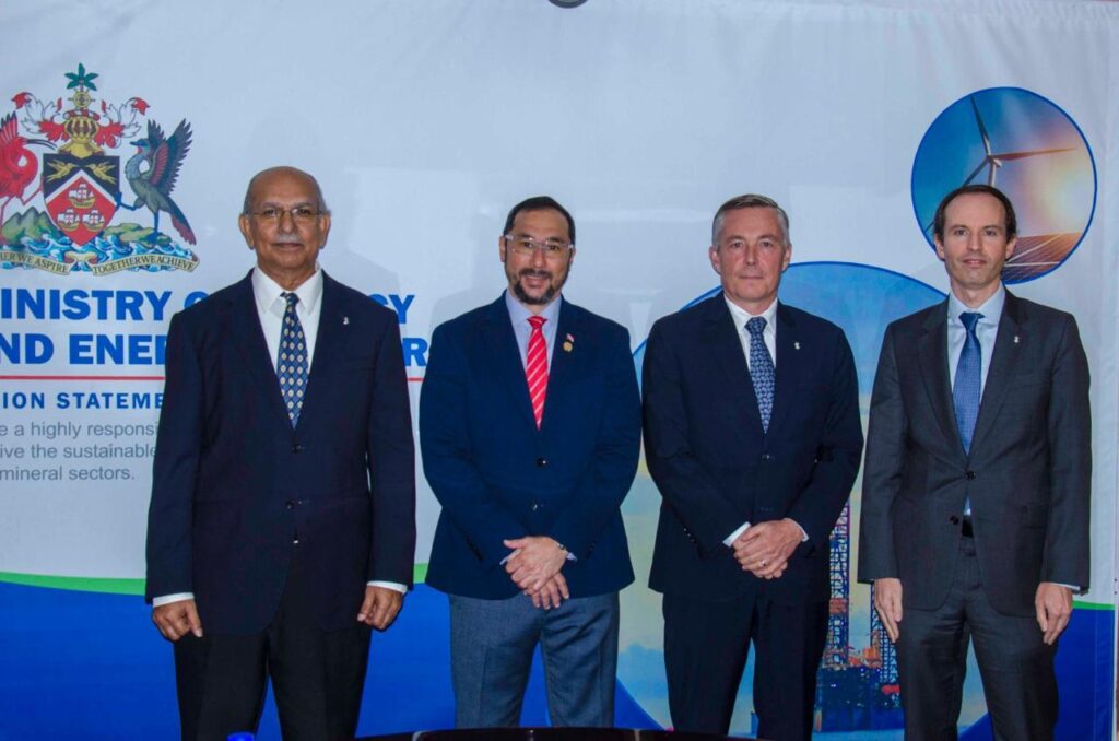 From left, Allan Russell, business advisor, Perenco; Minister of Energy Stuart Young; Armel Simondin, group CEO, Perenco; and Gregoire de Courcelles, general manager, Perenco. - Photo courtesy Ministry of Energy and Energy Industries