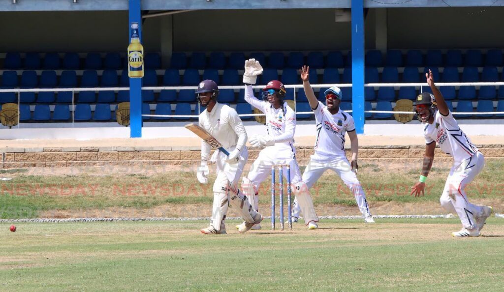 Marchin Patriots appeal for an lbw against QPCC batsman Jordan Warner, during their match at the Queen's Park Oval, St Clair, on March 1, 2024. - File photo by Angelo Marcelle