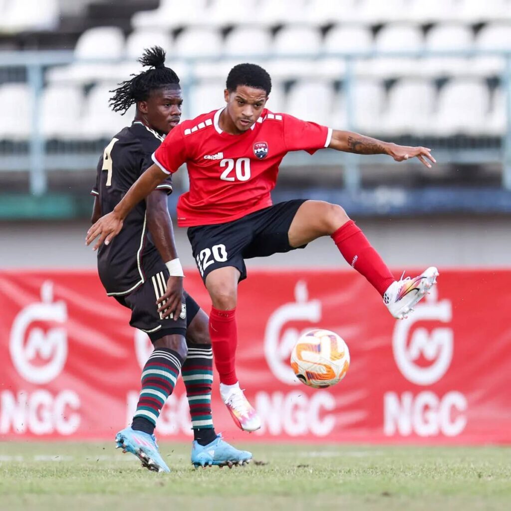 (FILE) Trinidad and Tobago’s Kaile Auvray takes flight versus Jamaica in friendly action at Larry Gomes Stadium, Malabar on March 1, 2024.  - 