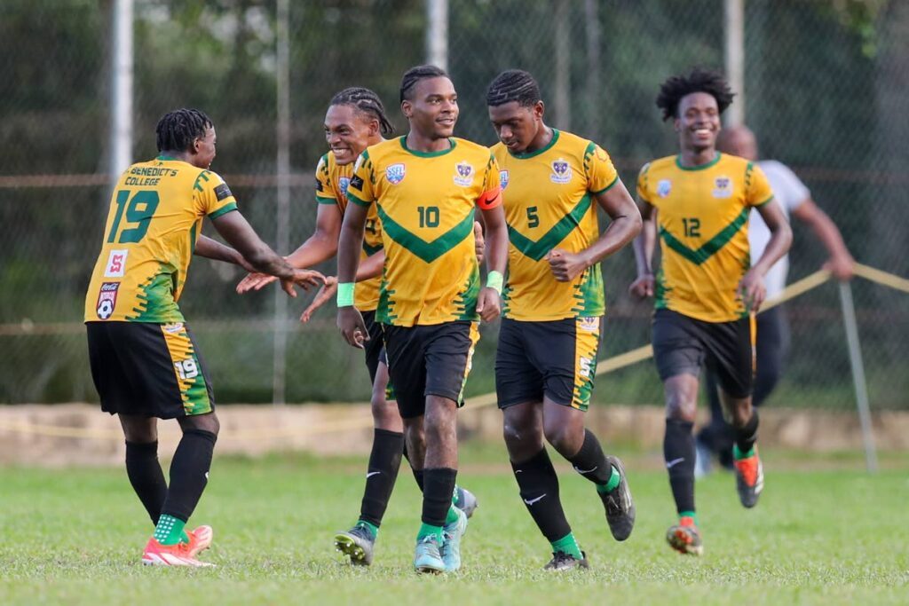 (FILE) St Benedict’s College Derrel Garcia, front, celebrates his winning goal against St Anthony’s during the SSFL Premiership match at the St Anthony’s College Ground on October 7, 2024 in Westmoorings. - Daniel Prentice