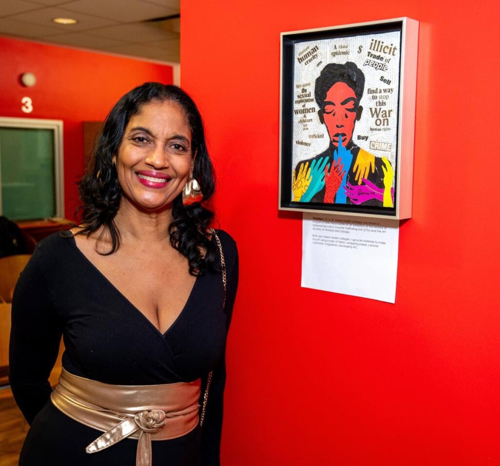 Patrice Matthews shows off her artwork, Violated, at the launch of Paintings in the Garden 6, at the TT Consulate General, New York. - Photo courtesy Colin Williams Phtography