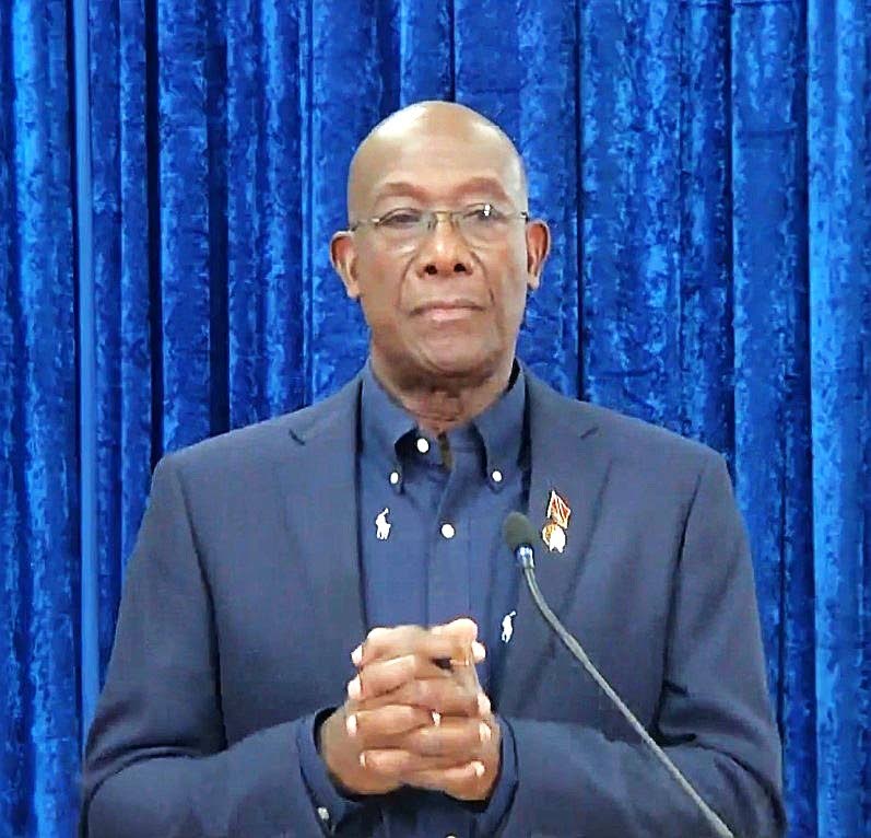 SOMBRE ROWLEY: This screen-grab from the TTT live feed, shows Prime Minister Dr Keith Rowley in a sombre mood as he announced his intention to resign as PM and not seek re-election in the general election. He spoke at a press conference in Tobago on Friday.  -