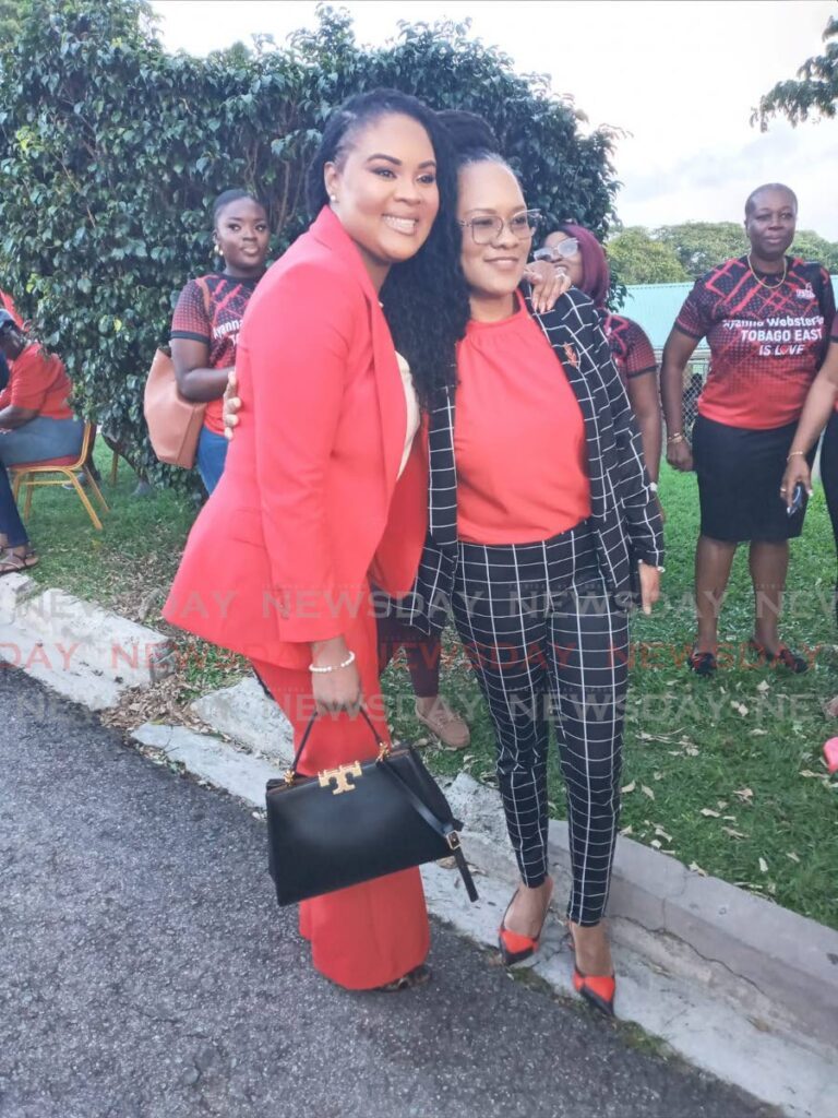 Shamfa Cudjoe-Lewis, left, and Ayanna Webster Roy hug after they were re-selected to contest the Tobago West and Tobago East seats respectively  in the upcoming general election. - Corey Connelly