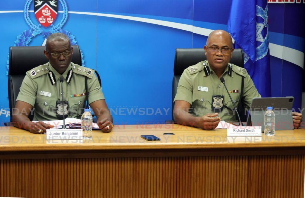 TOP BRASS: DCP Junior Benjamin, left, and ACP Richard Smith who hosted the press conference on January 8 at Police Administration Building, Port of Spain. - Photo by Faith Ayoung