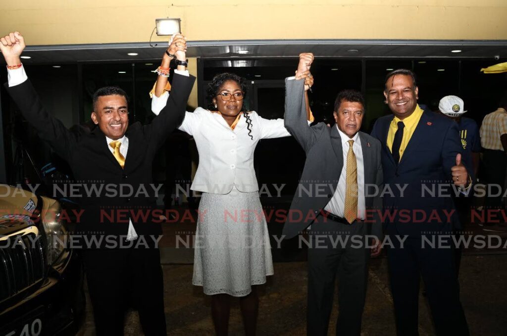 UNC AND PROUD: From left, Davendranath Tancoo (Oropouche West), Michelle Benjamin (Moruga/Tableland), Dr Lackram Bodoe (Fyzabad) and Rishad Seecharan (Caroni East), who were screened at UNC headquarters in Chaguanas on January 8. - Photo by Lincoln Holder