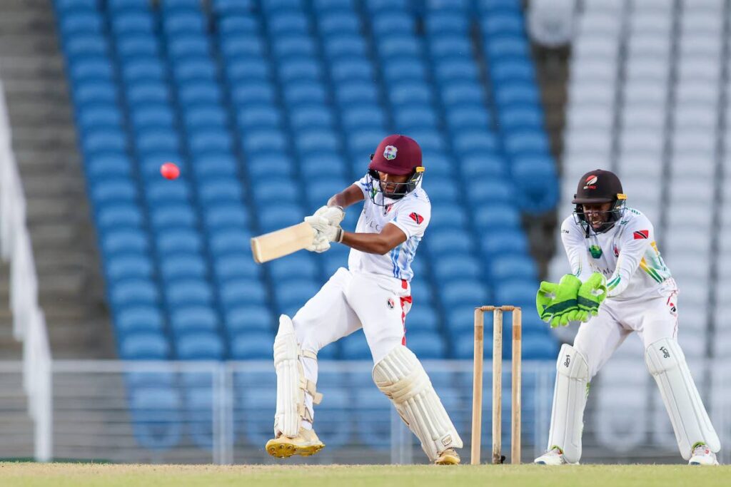 North’s Andrew Rambaran pulls for four runs while South wicketkeeper looks on during day one of the Namalco/TTCB Senior North South Classic at the Brian Lara Cricket Academy on January 9, 2024 in Tarouba. - DANIEL PRENTICE