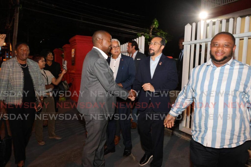 Port of Spain North/St Ann's West MP Stuart Young, second from right, at Balisier House, Port of Spain on January 9 with PNM MPs, from left, Pennelope Beckles, Foster Cummings, Terrence Deyalsingh, Faris Al-Rawi and Roger Munroe. - File photo by Faith Ayoung