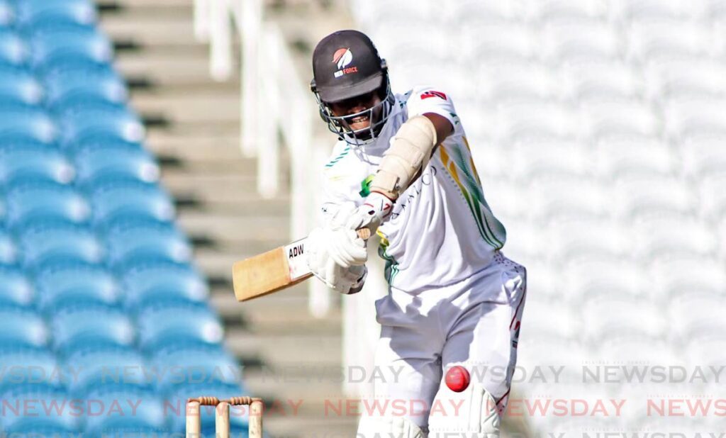 South batsman Jason Mohammed plays a shot during day two of the Namalco/TTCB senior North/South Classic at the Brian Lara  Cricket Academy, Tarouba on January 10. - Photos by Lincoln Holder 