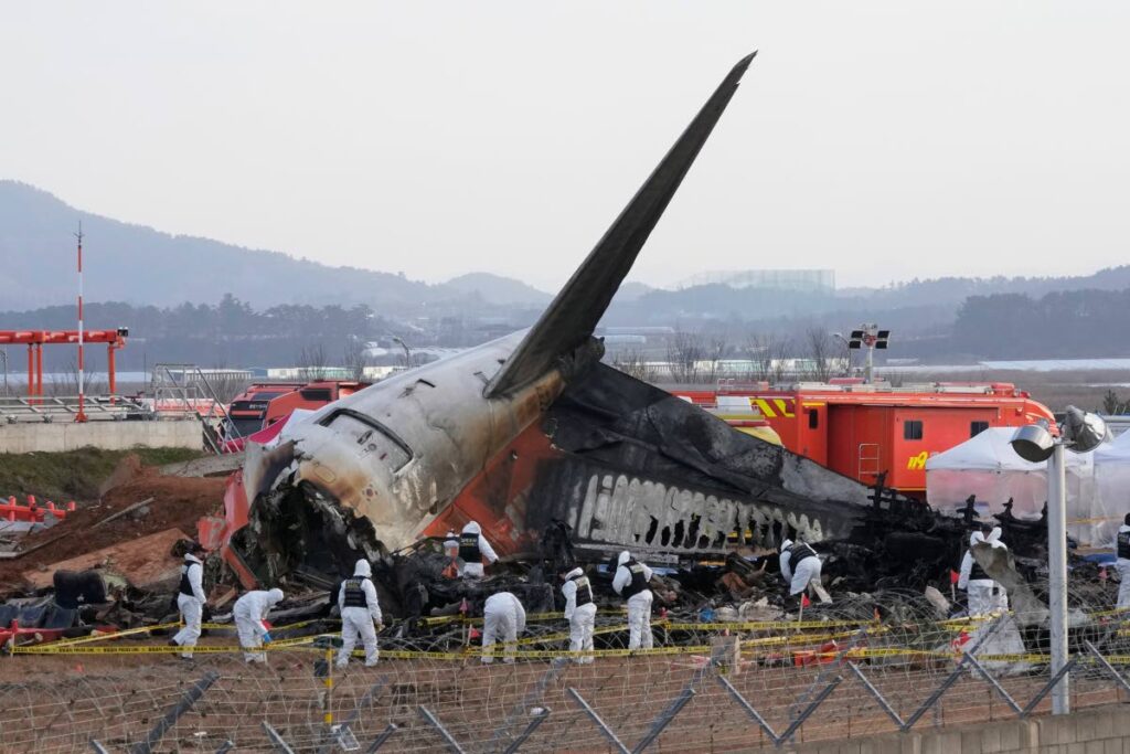 Rescue team members work at the site of a plane crash at Muan International Airport in Muan, South Korea on December 31, 2024. via AP - 