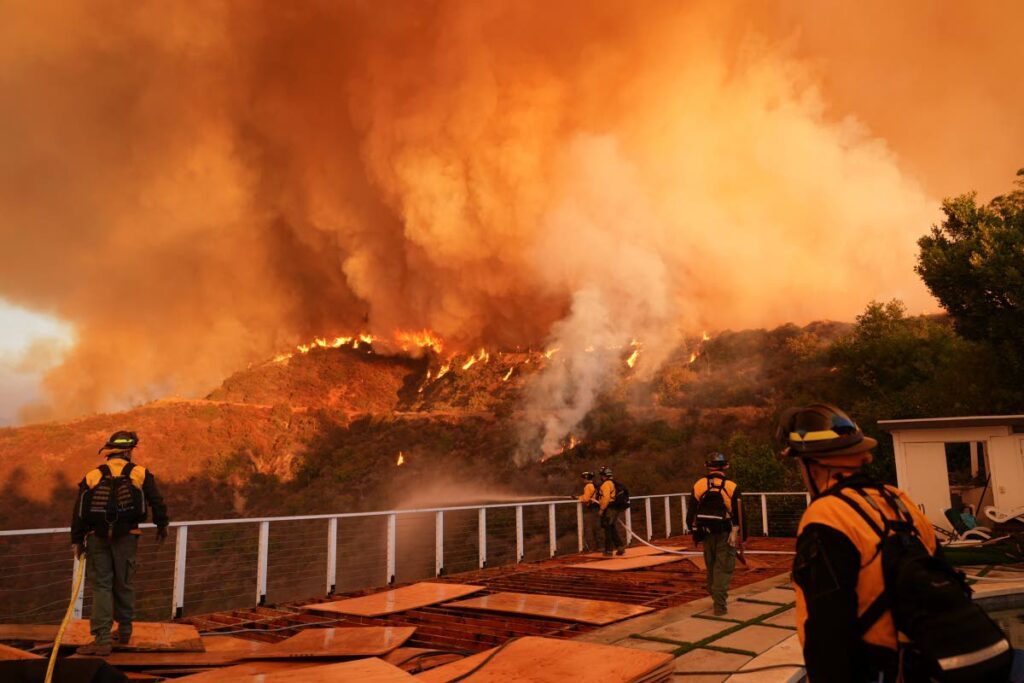 Fire crews battle the Palisades Fire in Mandeville Canyon in Los Angeles. - AP Photo 