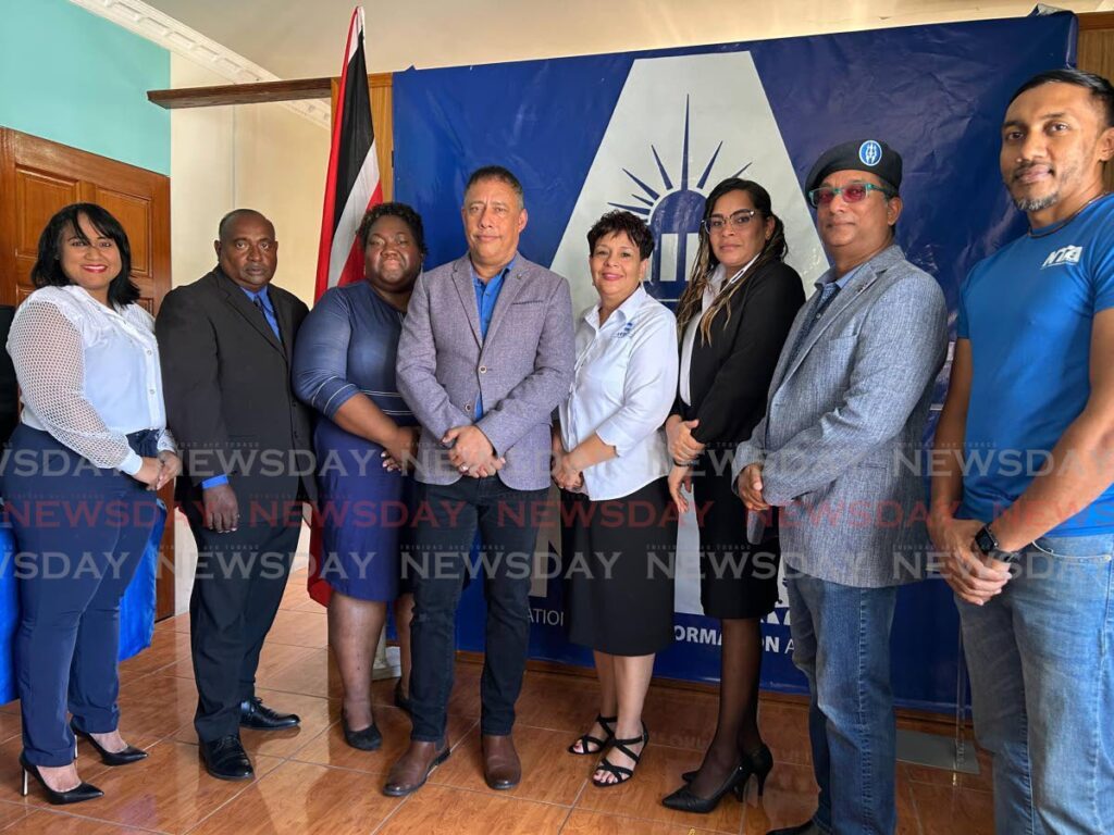 The National Transformation Alliance's candidates to date for the 2025 general election. From left to right is Savita Pierre for Tunapuna, Jarzinho Rigsby for Arima, Gail Castanada for Port of Spain South,  political leader Gary Griffith for St Joseph, Christine Newalo Hosein for Toco/ Sangre Grande, Nicolene Taylor Chinchamee for Arouca/Lopinot, Commander Norman Dindial for Chaguanas East and Dr Kevin Sarran for San Fernando West.  - Photo by Rishard Khan