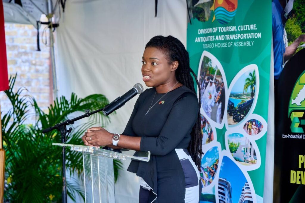 Secretary of Tourism Tashia Burris speaks to the media on July 13 in Scarborough.  - Photo courtesy THA 