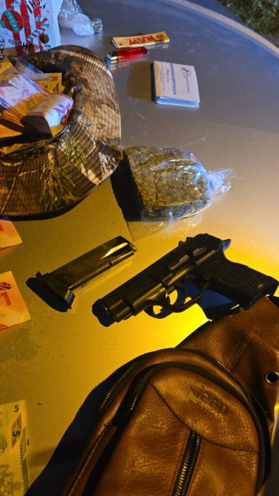 A gun, ammunition and mairjuana seized by Defence Force personnel in Tobago. -