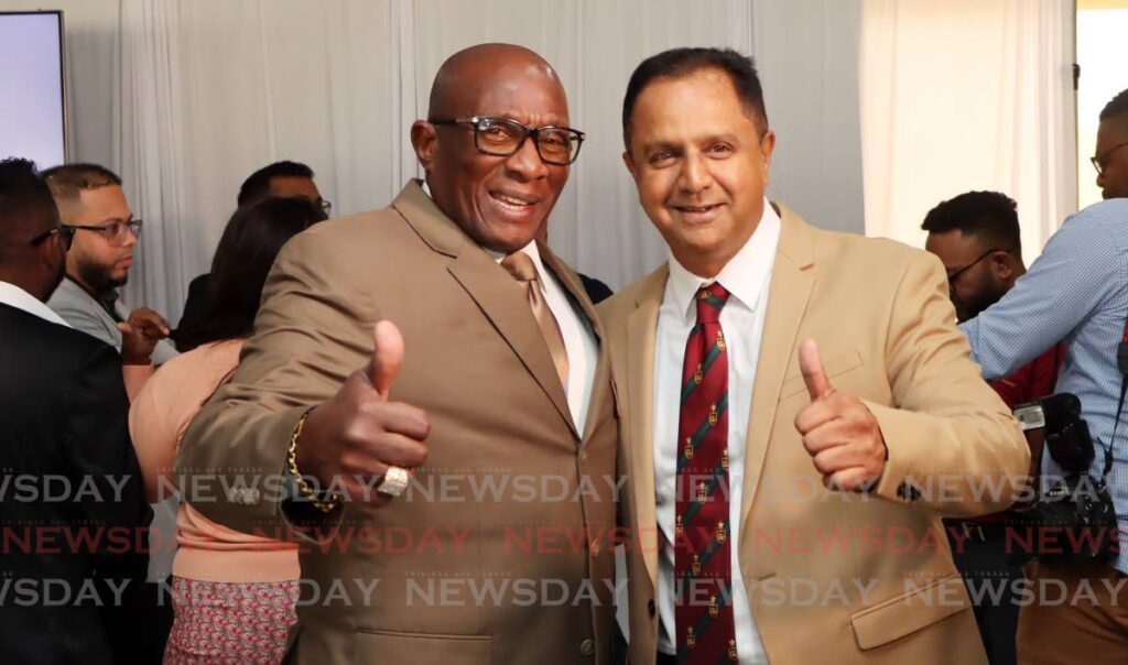 Chairman of the National Carnival Commission (NCC) Winston “Gypsy” 
Peters, left, and Southex CEO George Singh at the launch of the 30th 
Anniversary Chutney Soca Monarch 2025 at NCC VIP Box, Queen’s Park Savannah, Port of Spain, on January 15.  - Photo by Ayanna Kinsale