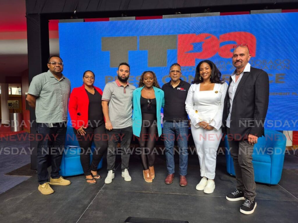 From left, members of the TT Promoters Association board, secretary Colin Miles, board members Nikki Hillaire-Roach and Nichola Gill, vice president Asha Green, treasurer Derek Douragh, advocate Paige De Leon and president Richard Thompson at a TTPA media conference at Queen's Hall on January 15. - Photo by Paula Lindo