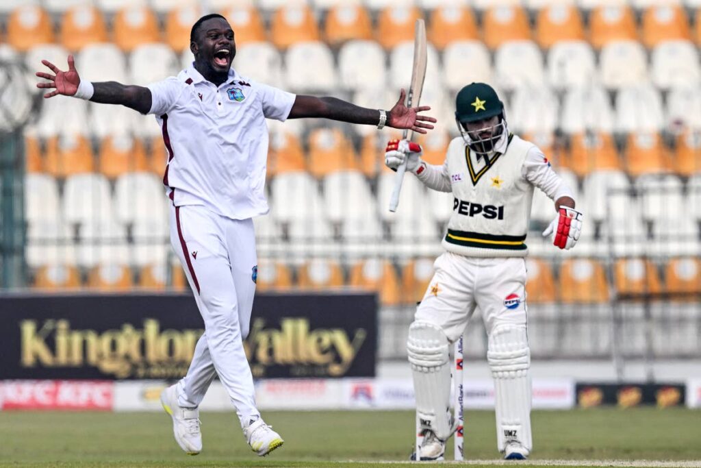 West Indies pacer Jayden Seales successfully appeals for leg before wicket against Pakistan's Kamran Ghulam during the first day of the first Test at the Multan Cricket Stadium in Multan, Pakistan on January 17. - AFP